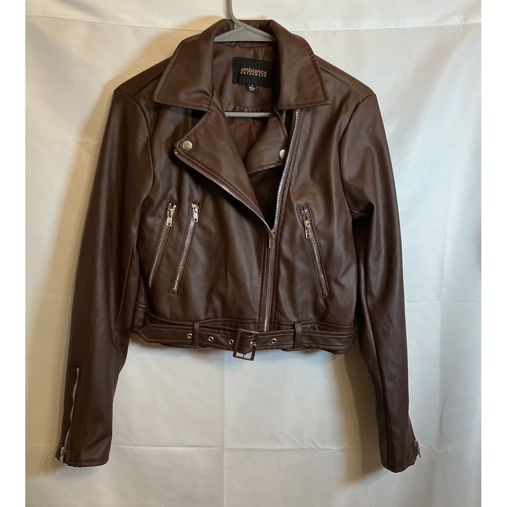 Ambiance Moto Full Zip Jacket Cropped Brown Faux Leather Biker Women's - Size S